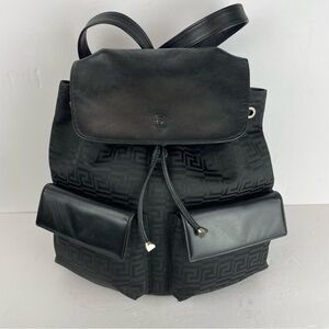 VERSACE Gianni Black Leather and Signature Nylon Backpack Bag
